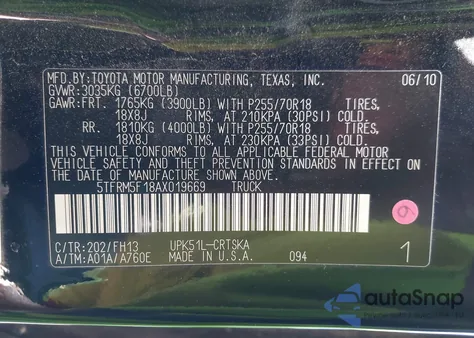 2010 Toyota Tundra Grade 4.6L V8 из США, поврежденный, VIN 5TFRM5F18AX019669